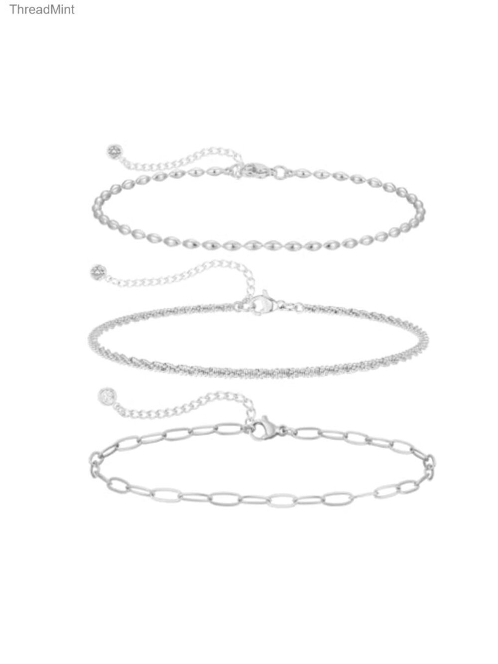 3Pcs Anklet Set Cuban Chain Heart Beads Herringbone Rhinestone Anklets Layered